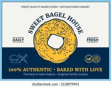 Bakery label and packaging design template for baked products branding and packaging. Vector bagel illustration