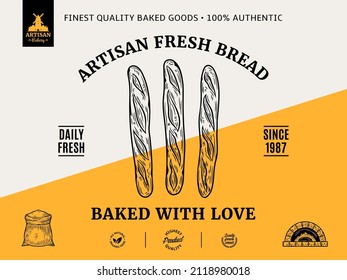 Bakery label and packaging design template for baked products branding and packaging. Vector baguette illustration