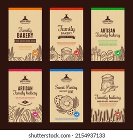 Bakery label templates, bakery backgrounds with baked goods, hand-drawn food illustrations, and icons