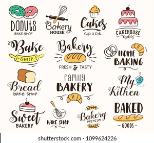 Bakery labels, logos, hand drawn tags and elements set for bakery shop, cafe, restaurant, class, paper bag, packaging. Vector illustration.
