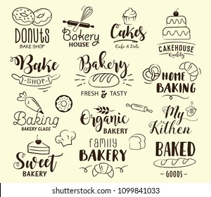 Bakery labels, logos, hand drawn tags and elements set for bakery shop, cafe, restaurant, class, paper bag, packaging. Vector illustration.