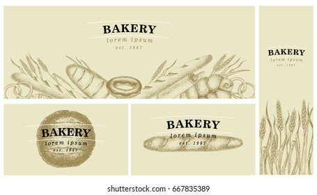 Bakery labels. Retro graphic. Bread and pastry collection. Vector illustration. Can be use for menu, packaging, label, farm market, organic shop, bread house.