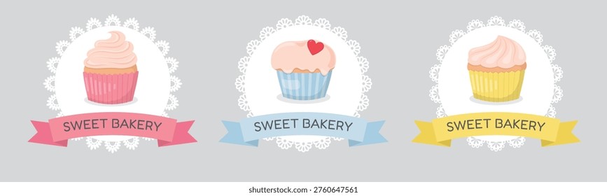 Bakery labels set with pink, blue and yellow muffins. Cupcake Badge Labels, Vintage Pastry Shop Emblems. Isolated vector illustration 