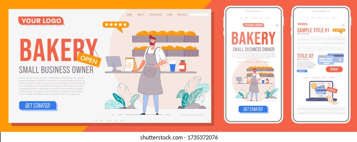 Bakery Landing Page. Homepage Of Internet Website Template For Bakery Owner. Mobile Mockup Site Or App Layout For Local Business Owner