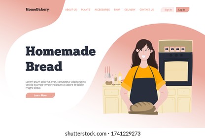 Bakery Landing Page Vorlage mit flachem Charakter Design. Frau in der Küche mit frischem hausgemachtem Brot. Cartoon Concept Illustration. 