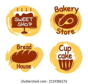 Bakery lettering logo, sweet shop, bread house labels. Bakery store logotype with pretzel. Cupcake sign for confectionery vector. Badges with cooked food made of flour set isolated on white