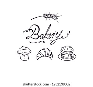 Bakery letters and different pastries products, sweet cakes cookies and lunch desserts vector outline logo type set illustration. Different food shapes and logo letters decoration. Wheat logo label.