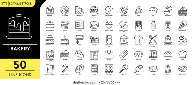 Bakery line editable icon set. bakery icons. pancake, ice cream, sandwich, muffin, cinnamon roll, birthday cake, sacher, pancakes, pizza, toast bread, milk, pudding, pie,and more. vector illustration.