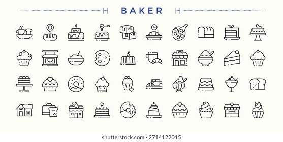 Conjunto de iconos de línea de panadería. Icono de hornear. Iconos lineales mínimos. Contiene iconos tales como hornear, comida, dulce, pastelería, café. Ilustración vectorial.