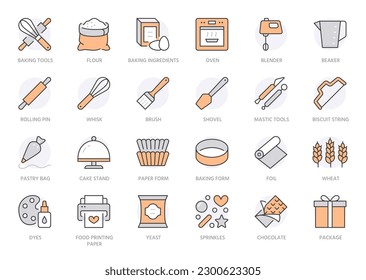 Juego de iconos de la línea de panadería. Herramienta de horneado - bolsa de pastelería, rollo de masa, decoración de pasteles, ingrediente de pastelería mínima ilustración vectorial. Simple señal de contorno de la cocina. Color naranja. Stroke Editable