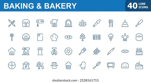 Conjunto de iconos de línea de panadería. Colección de iconos de panadería y confitería. Rollo de masa, decoración de pasteles, pastelería, ingrediente de iconos mínimos. Signo de contorno simple de la cocción.