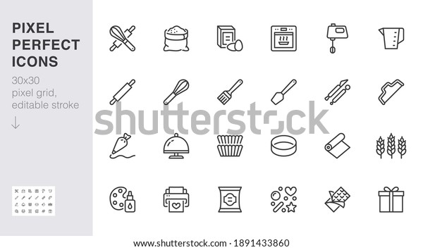 Bakery line icon set. Baking tool - confectionery\
bag, dough roll, cake decorating, pastry ingredient minimal vector\
illustration. Simple outline sign of cooking. 30x30 Pixel Perfect,\
Editable Stroke.