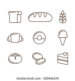 Bakery line icon set: breads and desserts. Vector illustration in thin outline style.