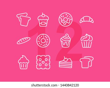 Bakery line icon set.Set of line icons on white background. Cupcake, bread, biscuit, pie. Сonfectionery concept. Vector illustration can be used for topics like sweets, confectionery, bakery, cafe