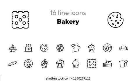 Conjunto de iconos de línea de panadería.Conjunto de iconos de línea en fondo blanco. Pastel, pan, galletas, tarta. Concepto de pastelería. La ilustración vectorial puede utilizarse para temas como dulces, pastelería, panadería, café