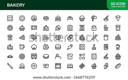 Bakery Line Icon Set – Professional Minimalist Vector Icons for Pastries, Bread, and Sweet Treats in a Clean Outline Style