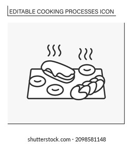 Bakery line icon.Hot tasty buns. Delicious desserts. Cooking bread, donuts, eclair, cakes. Baking on plate.Cooking process concept. Isolated vector illustration.Editable stroke