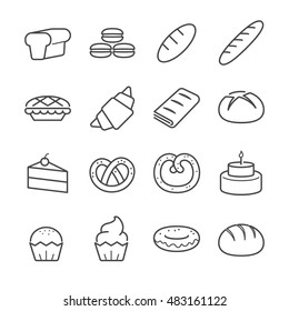 Bakery line icons. Included the icons as bread, donut, baguette, macaroon, pie, pretzel and more.