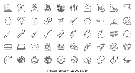 Bakery line icons set. Baking whisk, egg, flour, oven, mill, bread basket, birthday cake, pastry bag, wheat, croissant vector illustration. Outline signs of confectionery sweet food. Editable Stroke