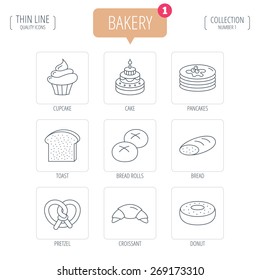 Bakery line icons set. Cupcake, birthday cake with candle and pancakes signs. Toast, bread rolls and donut. Pretzel and croissant. Flat design elements. Vector