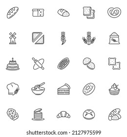 Bakery line icons set. linear style symbols collection, outline signs pack. Pastry and bakery vector graphics. Set includes icons as cooking, bread loaf, cake, pancake, cupcake, croissant, cookie