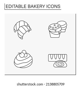 Bakery line icons set. Sweet desserts. Croissant, pavlova, strudel and cruffin.Tasty bread. Baking concepts. Isolated vector illustrations.Editable stroke