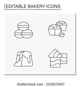 Bakery line icons set. Sweet desserts. Whoopie pie, muffins, lava cake, brownies. Tasty bread. Baking concepts. Isolated vector illustrations.Editable stroke