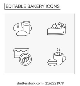 Bakery line icons set. Sweet desserts. Tasty bread, cheesecake, whoopie pie. Baking concepts. Isolated vector illustrations.Editable stroke