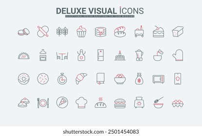 Bakery line icons set. Sweet food and treats, sugar and wheat flour bag, eggs and utensils for cooking desserts by chef in restaurant kitchen thin black and red outline symbols vector illustration