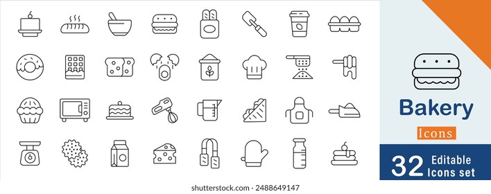 Bakery line stroke icon set Coffee cup, Hamburger, Chocolate bar, Sandwich, Biscuit, Knife and more editable icon