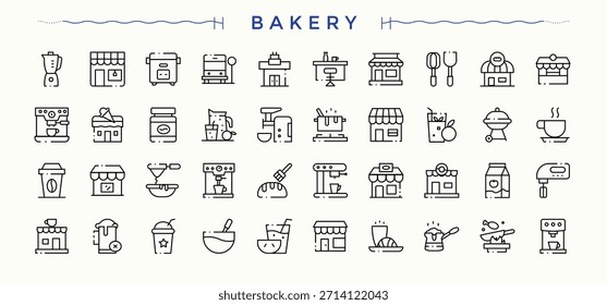Bakery linear icon collection. Cake simple icon set. Minimal linear icons. It contains symbols to cake, bake, food, cook, sweet and more. Vector illustration in modern line style.