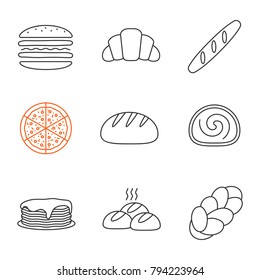 Bakery linear icons set. Burger, croissant, baguette, pizza, round bread, swiss roll, pancakes, rolls, challah. Thin line contour symbols. Isolated vector outline illustrations