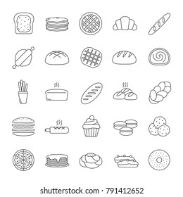 Bakery linear icons set. Pastry. Confectionery. Bread, buns, cookies, macaron, pancakes. Thin line contour symbols. Isolated vector outline illustrations. Editable stroke