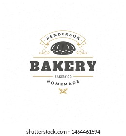 Bakery logo or badge vintage vector illustration pie silhouette for bakery shop. Retro typographic logotype design.