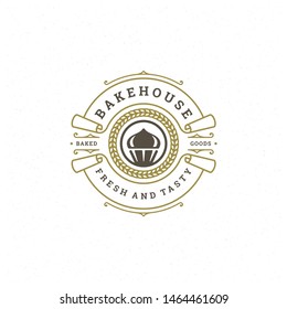 Logo de la panadería o emblema vectorial vintage silueta de quequitos para panadería. Diseño de logotipo tipográfico retro.