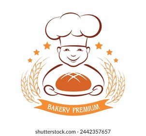 Bakery logo. Baker with bread. Fresh Baking Shop. Vector illustration. Isolated