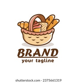 Bakery logo with basket containing various bakeries. Bakery vector icons set isolated.