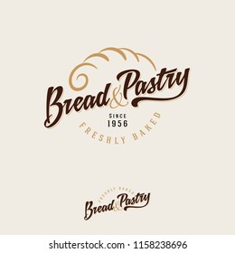 The bakery logo. Bread and baking emblem. Vintage bakery logo. Gold pie crust and brown inscription on a light background.