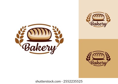 bakery logo with a bread loaf on top of wheat leaves. The logo is in brown and white colors