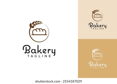 bakery logo with a bread loaf on top of wheat leaves. The logo is in brown and white colors