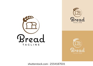 bakery logo with a bread loaf on top of wheat leaves. The logo is in brown and white colors