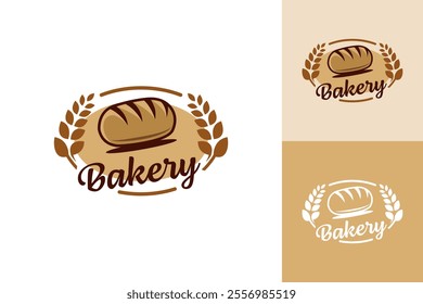 bakery logo with a bread loaf on top of wheat leaves. The logo is in brown and white colors