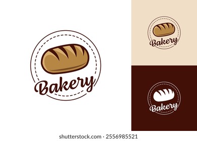 bakery logo with a bread loaf on top of wheat leaves. The logo is in brown and white colors