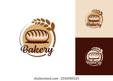 bakery logo with a bread loaf on top of wheat leaves. The logo is in brown and white colors