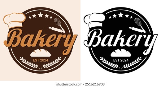 Logo der Bäckerei mit Brot, Weizenkorn, Kochmütze und Herstellungsausrüstung. Separates schwarz-weißes Logo