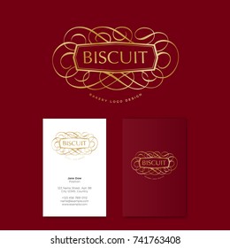 Bakery logo, cake and bread logo. Gold letters with bread, isolated on a dark background. Business card.