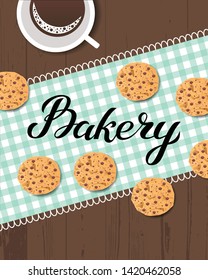 Bakery logo card. Typography hand drawn vector illustration, poster with wooden table with food and drink - cookies baking, checkered napkin and coffee mug. Banner template