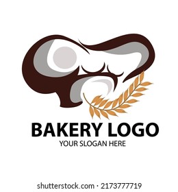 Bakery logo with chef toque hat and wheat tree, bread or cake vector sign. A bakery and patisserie cafe.