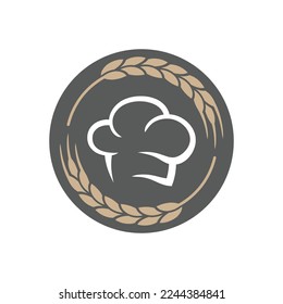 Bakery logo with chefs cap for restaurant. Vector food branding identity with wheat.