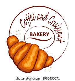 Bakery logo. Croissant with crumbs, coffee beans and a saucer, vector, isolated on white background for design menu cafe,bistro, restaurant, label and packaging.